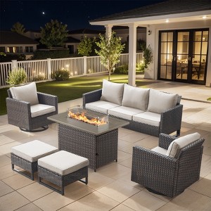 Buenhomino 6 Peices Outdoor Patio Furniture Set with 41" Fire Pit Table, Wicker Swivel Rocking Chairs Conversation Sets for Yard Garden Porch - 1 of 4