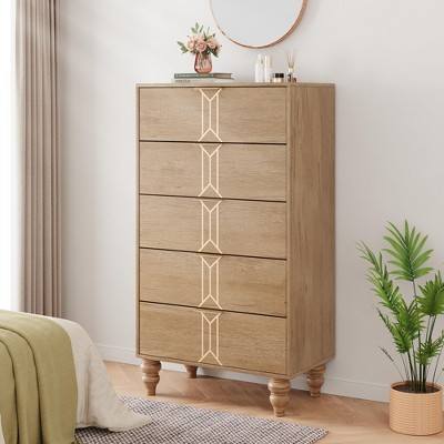 Garve Modern 5 Drawer Dresser with Vintage Pattern, Tall Storage Chest for Bedroom, Living Room, Entryway