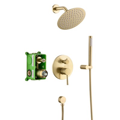 Sumerain Brushed Gold Shower Faucet System with  8 Inches Rain Shower Head and Brass Hand Shower