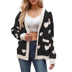 Women's Knit Cardigan Sweaters V-Neck Valentine's Day Peach Knitted Cardigan Fall Winter Jacket with Pocket,M,Pink - 1 of 3