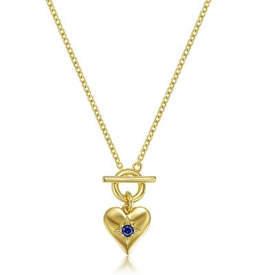 Molenia Heart Toggle Clasp Necklace in Sterling Silver, 14K Gold Heart Pendant Necklace, Blue CZ Necklace, T Bar Necklace, Birthday Gift for Her