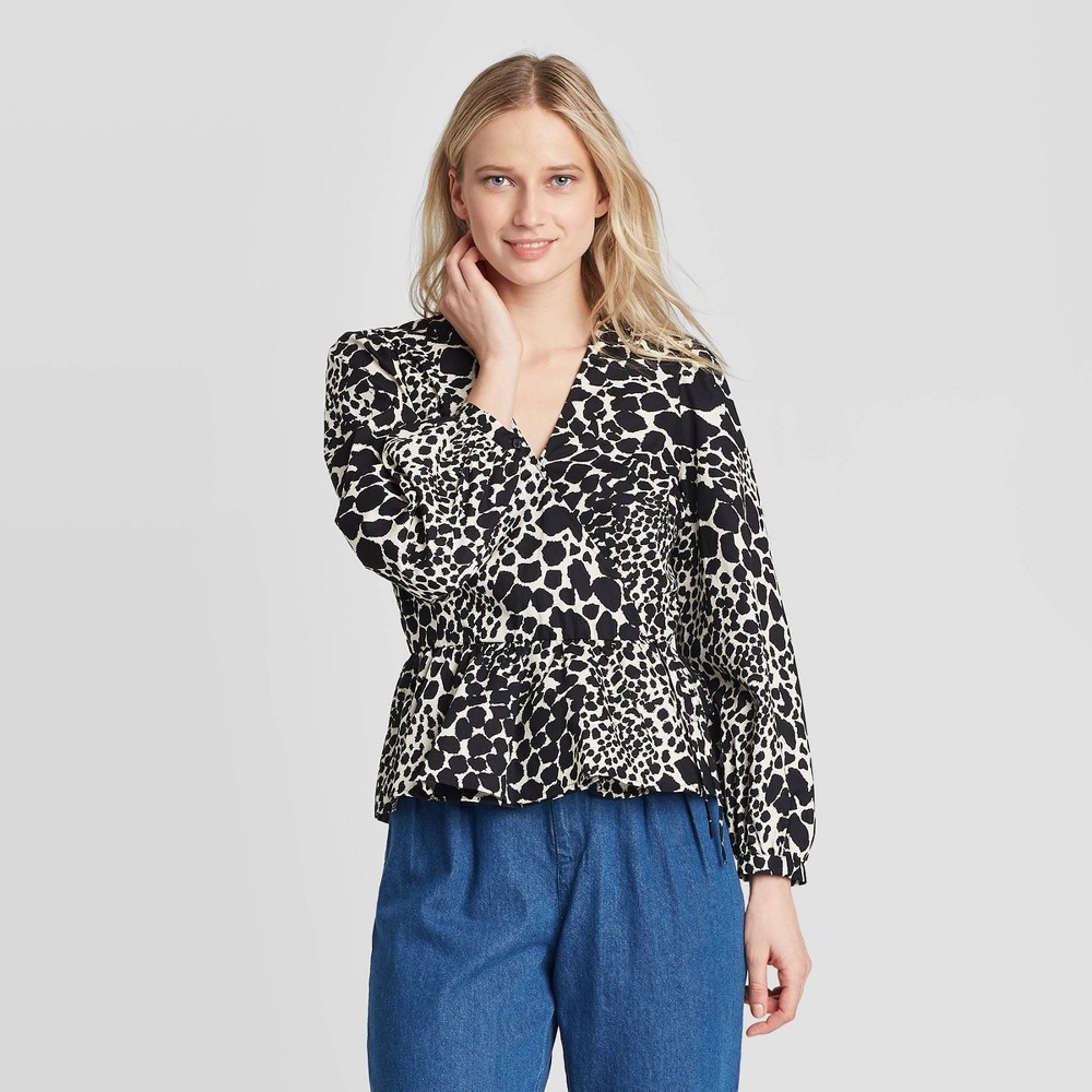 Women's Leopard Print Long Sleeve Wrapped Peplum Top - Who What Wear Black XXL, Women's was $29.99 now $20.99 (30.0% off)