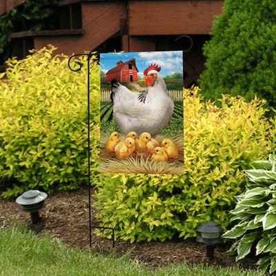 Farm Chickens Summer Garden Flag with Red Barn Scene