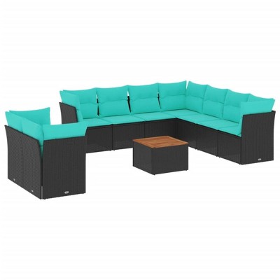 vidaXL 10 Piece Patio Sofa Set with Cushions Black and Blue Poly Rattan