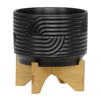 Sagebrook Home 7"x7" Abstract Ceramic Planter Pot on Stand Black