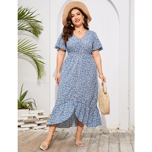 Plus Size Floral Maxi Dress Women Summer Short Sleeve V Neck High Low Dress Dark Blue Flower 5XL - 1 of 4