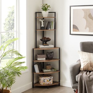 6-Tier Rustic Corner Bookshelf with Open Wood Shelves and Metal Frame,Freestanding Small Shelving Unit for Plants and Living Room-Baofuwish - 1 of 4