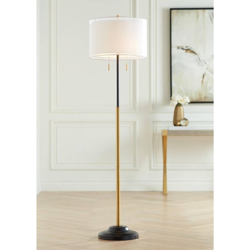 Possini Euro Design Roxie Modern Floor Lamp Standing 65 1/2" Tall Brass Black Metal Sheer Linen Double Drum Shade for Living Room Bedroom Office House, 2 of 12