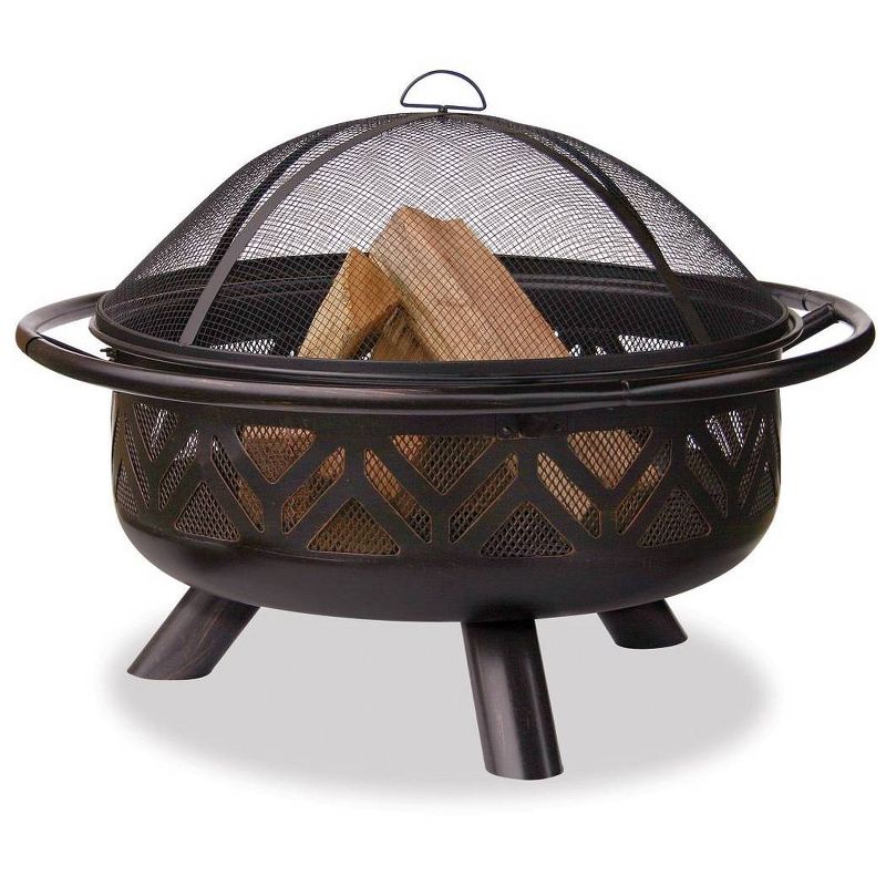 Endless Summer Round Wood Burning Outdoor Fire Pit with Geometric Design Brown, 1 of 5