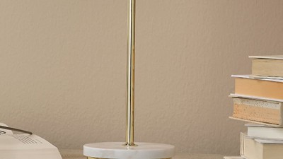 Grace White Marble and Brass Table Lamp with Drum Shade