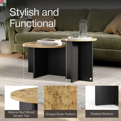 Stead Black and Burl Wood Round Nesting Coffee Table Set