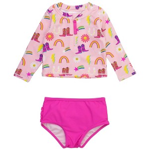 RuffleButts Baby/Toddler Girls UPF50+ Long Sleeve Zipper Rash Guard 2-Piece - 1 of 4