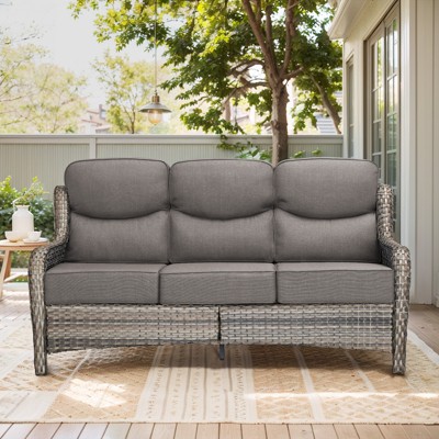 Buenhomino Patio Sofa 3-Seat Wicker Couch with 6" Thick Cushion - Outdoor Furniture Rattan Sofa with High Back for Garden Porch Sunroom