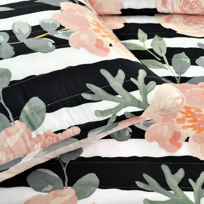 Full/Queen Black and Dusty Rose Microfiber Reversible Quilt Set