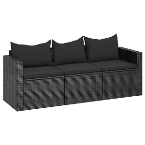 vidaXL 3-Seater Patio Sofa with Cushions Black Poly Rattan - 1 of 4