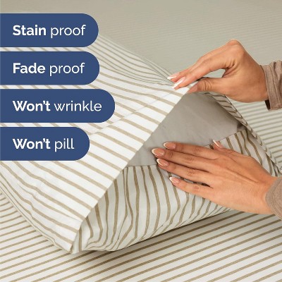 Queen Beige Striped Microfiber Deep Pocket Sheet Set