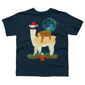 Boy's Design By Humans Llama With Glasses Sleeping Sloth Christmas Santa By TeeShirtMadness T-Shirt - 1 of 3