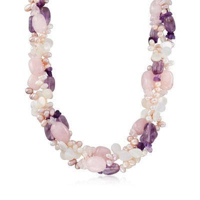 Ross-Simons Cultured Pearl, Rose Quartz and Amethyst Torsade Necklace in Sterling Silver Size 18
