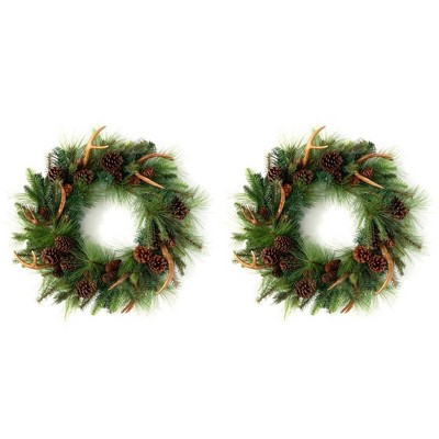 Sullivans Set of 2 Artificial Pine and Antler Wreath 28"H Green