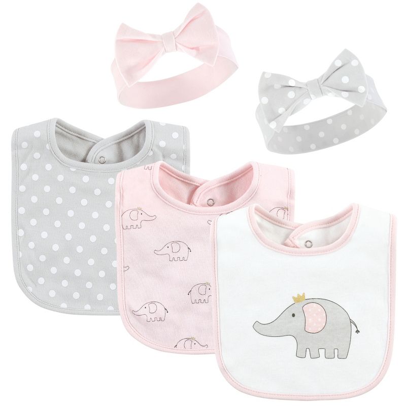Hudson Baby Infant Girl Cotton Bib and Headband or Caps Set, Pink Gray Elephant, One Size, 1 of 6