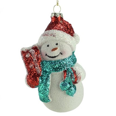 Napco 4.75" Retro Christmas Snowman Holding a Present Christmas Ornament - White/Red