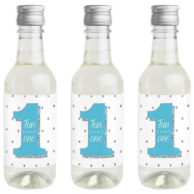 Big Dot of Happiness 1st Birthday Boy - Fun to be One - Mini Wine and Champagne Bottle Label Stickers - First Birthday Party Favor Gift - Set of 16