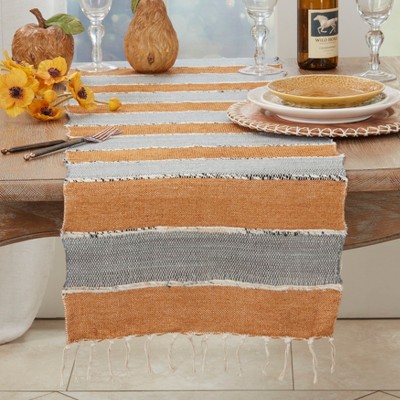 Boho Chic Fringe-Edged Cotton Table Runner, Terracotta and Gray, 16"x72"