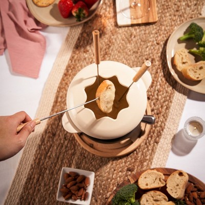 Off-White Cast Iron Fondue Set with Wood Base