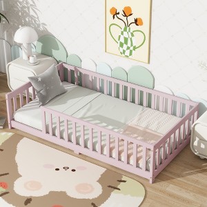 Whisen Twin Bed & Rubber Wood Floor Bed with Fence without Door, Multi - Functional Floor Bed for Kids' Sleep & Play - 1 of 4