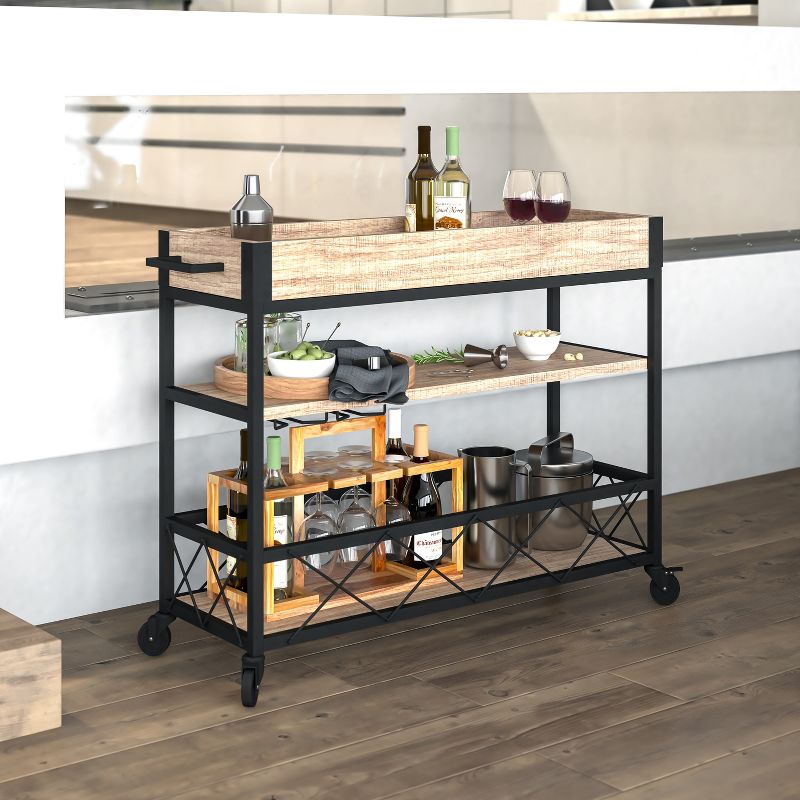 Flash Furniture Buckhead Distressed Light Oak Wood and Iron Kitchen Serving and Bar Cart with Wine Glass Holders, 3 of 11