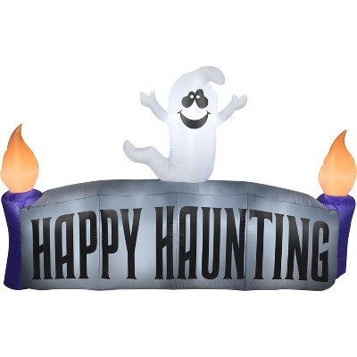 Gemmy Christmas Airblown Inflatable Ghost w/Happy Haunting Sign Scene, 5 ft Tall, grey