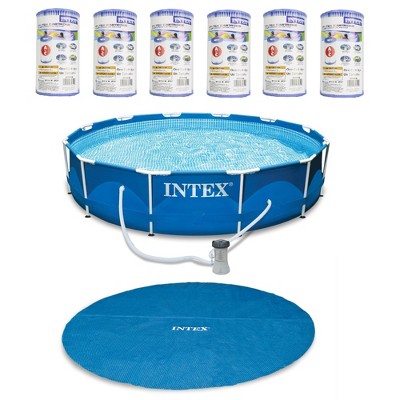 Intex 12' Pool Cover w/  12 x 2.5 Ft Metal Frame Pool w/ Intex Filters (6 Pack)