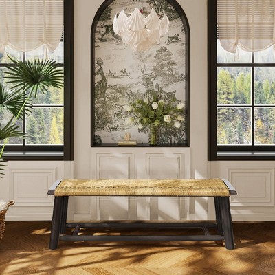 Vynxaria Farmhouse Modern Rattan Bench - 59" Indoor & Outdoor Seating