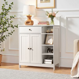 KTMBDW Double-Door Storage Cabinet with 2, Adjustable Panels, 1 Drawer and 3 Side Shelves for living room, Bathroom, White - 1 of 4