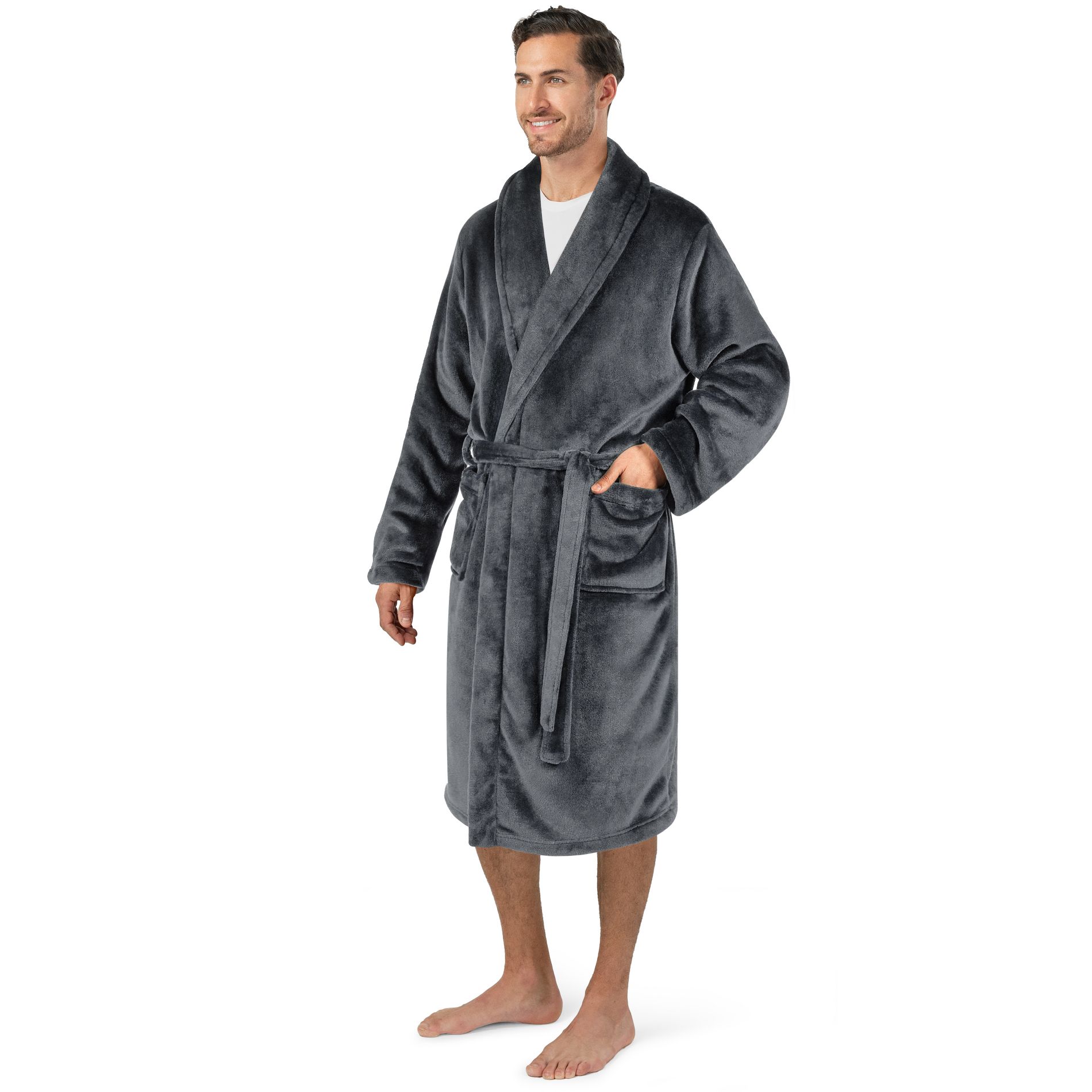 PAVILIA Mens Soft Robe, Fleece Plush Soft Long Male Bathrobe, Lightweight Fluffy Fuzzy Cozy Warm Bath Shower Spa House (Gray, Small-Medium)