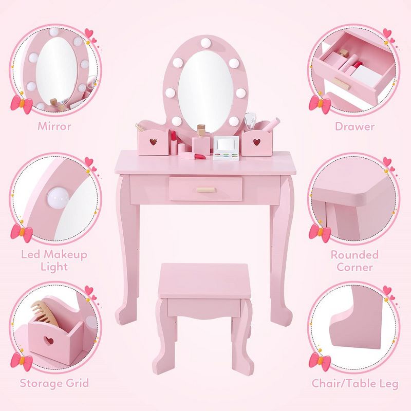 Princess Vanity Table Set for Toddlers, Includes Mirror, Stool, and Touch Light, Wood Makeup Playset for Girls, 4 of 6
