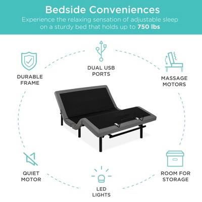 Queen Size Adjustable Metal Frame Upholstered Bed Base with Massage and USB Ports