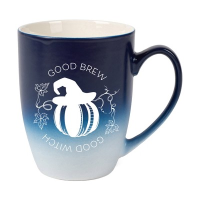Elanze Designs Good Brew Good Witch Two Toned Ombre Matte Navy Blue and White 12 ounce Ceramic Stoneware Coffee Cup Mug
