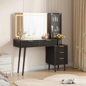 48" Vanity Desk with Mirror and Lights, Fluted Makeup Vanity with 3 Light Mode,Glass Top - 1 of 3