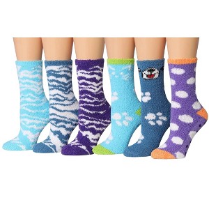 Tipi Toe Women's 6-Pairs Cozy Microfiber Anti-Skid Peacock Paradise Patterned Fuzzy Crew Socks - 1 of 4