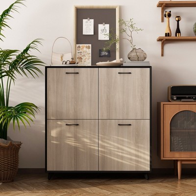 FUFU&GAGA Elegant Black and Wood Grain Shoe Cabinet for Spacious Organization