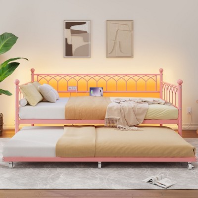 Garvee Twin Daybed with Trundle,Day Bed with LED Lights & Charging Station, Metal Bed Frame with Pull Out Trundle for Living Room, Small Spaces