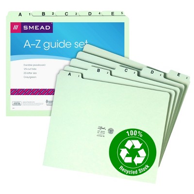Smead Pressboard Guides, Plain 1/5-Cut Tab (A-Z), Set of 25, Letter Size, Gray/Green, 25 per Set (50376)
