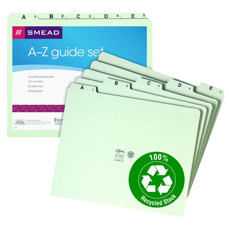 Smead Pressboard Guides, Plain 1/5-Cut Tab (A-Z), Set of 25, Letter Size, Gray/Green, 25 per Set (50376), 1 of 2