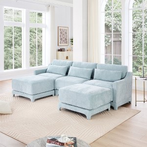 3-Seater Chenille Fabric Beige Sofa with 2 Movable Ottomans and Lumbar Pillow High-Resilience Sponge High Quality Wooden Base - 1 of 4