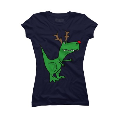 Junior's Design By Humans Cool Funny Christmas T-Rex Dinosaur with Antlers By SmileToday T-Shirt