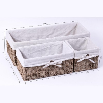Seagrass Rectangular Storage Baskets with White Lining, Set of 3