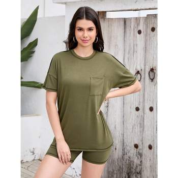 Women Casual Loose Two Piece Loungewear Set with Pockets T-shirt and Shorts Pajamas Set