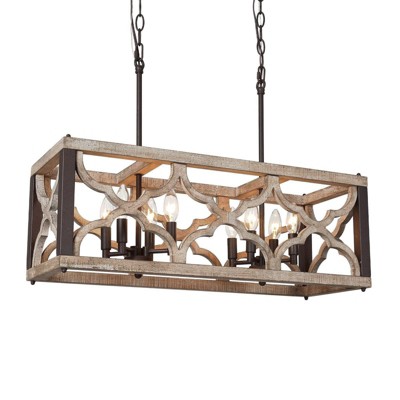 LNC Quaint 8-Lights 27.5" Farmhouse Rectangle Kitchen Island Pendant Lightss,Distressed Greyish White Wood and Rustic Bronze