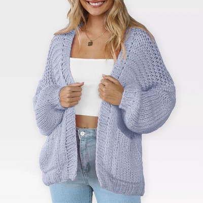 Women's Sweater Knit Cardigan with Pockets - Open Front Cable Knit Chunky Thick Sweater for Comfy Winter Knitwear,Sky Blue - M